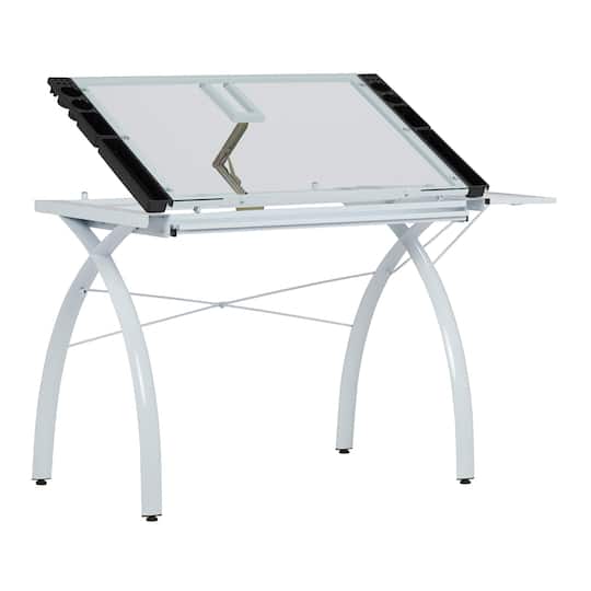 Studio Designs Futura Glass Top Craft Station with Folding Shelf in White